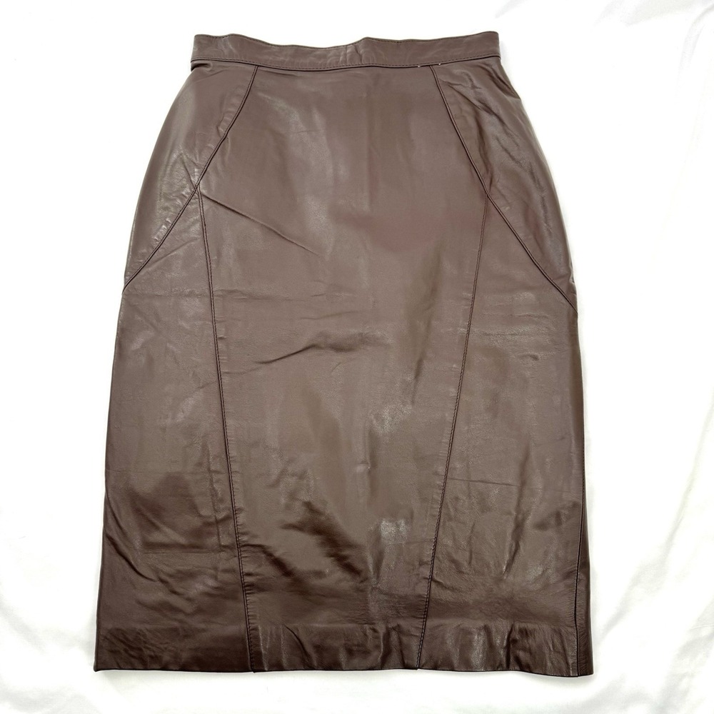 Vtg 90s Minimalist Brown Leather Pencil Skirt XS Office Career Corporate Chic